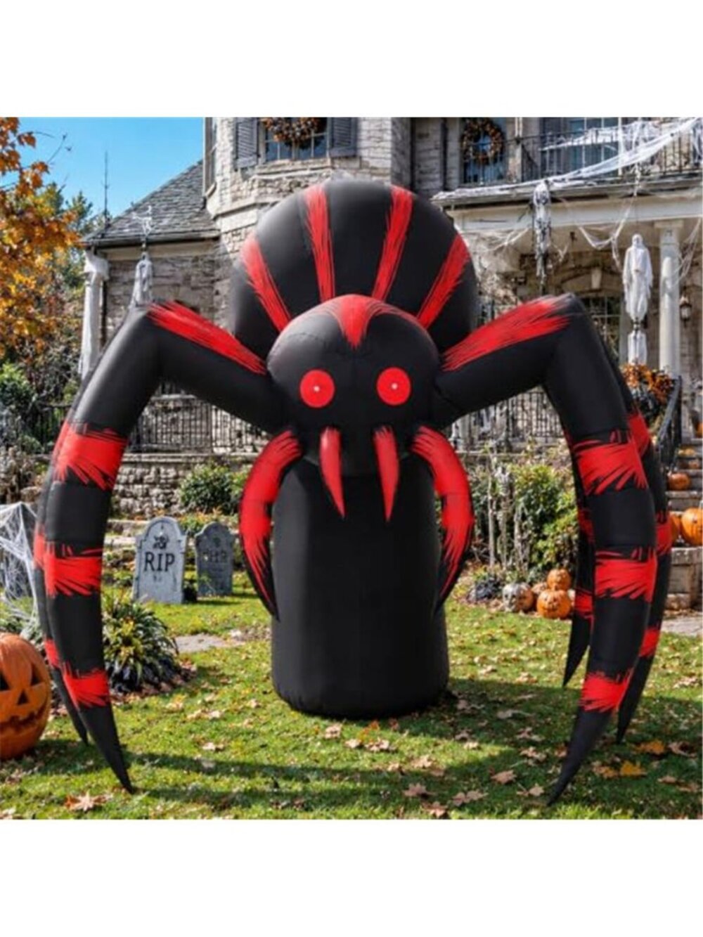 7FT Halloween Inflatables Red Stripe Spider Yard Decor with LEDs